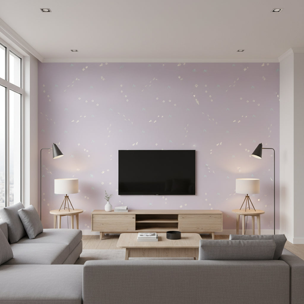 Follow the Leader Kids/Nursery Abstract - Lilac and White Animal | Architectural Wallcoverings - Living Room Visualization (AI-generated, may not be to scale. Verify pattern scale with product specifications.)
