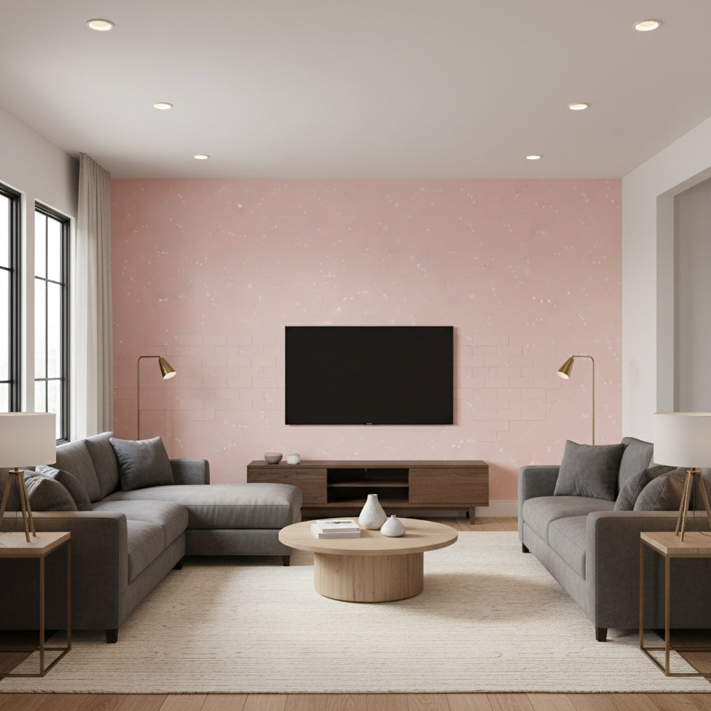 Follow the Leader Kids/Nursery Abstract - Blush and White | Architectural Wallcoverings - Living Room Visualization (AI-generated, may not be to scale. Verify pattern scale with product specifications.)