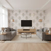 Flutter Butterfly Kids/Nursery Damask - Gold, Glitter White, and Metallic Silver | Architectural Wallcoverings - Living Room Visualization (AI-generated, may not be to scale. Verify pattern scale with product specifications.)