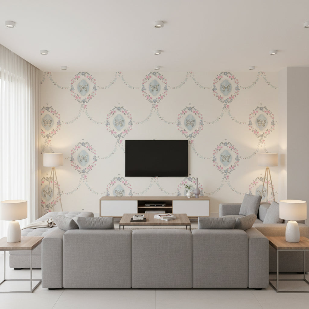 Flutter Butterfly Kids/Nursery Damask - Pink and Metallic Silver | Architectural Wallcoverings - Living Room Visualization (AI-generated, may not be to scale. Verify pattern scale with product specifications.)