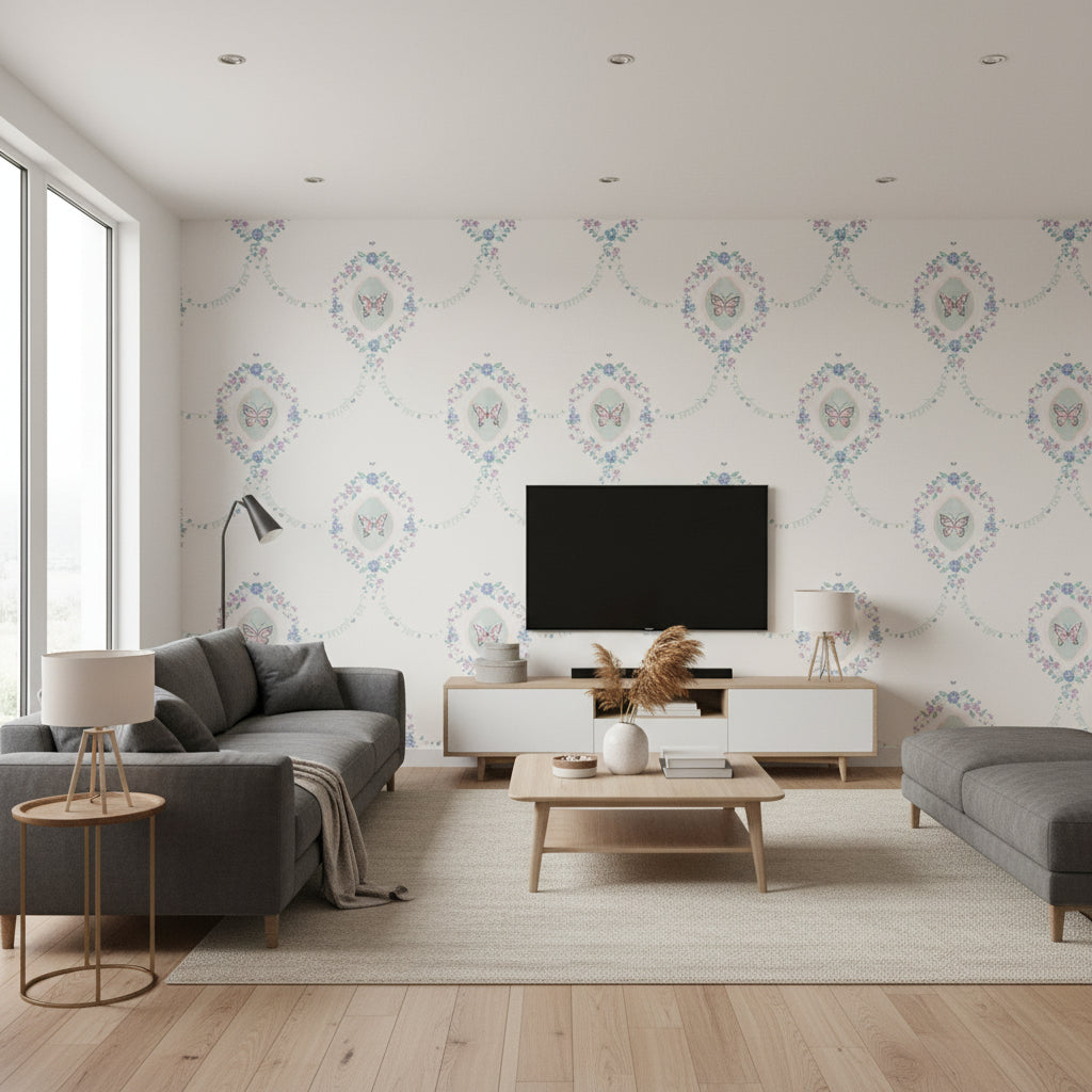 Flutter Butterfly Kids/Nursery Damask - Pink, Teal, and Metallic Silver | Architectural Wallcoverings - Living Room Visualization (AI-generated, may not be to scale. Verify pattern scale with product specifications.)