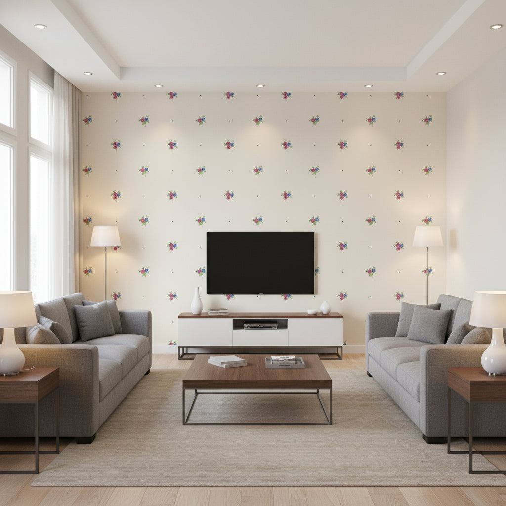 Little Posy Kids/Nursery Floral - Raspberry and Prussian Blue | Architectural Wallcoverings - Living Room Visualization (AI-generated, may not be to scale. Verify pattern scale with product specifications.)