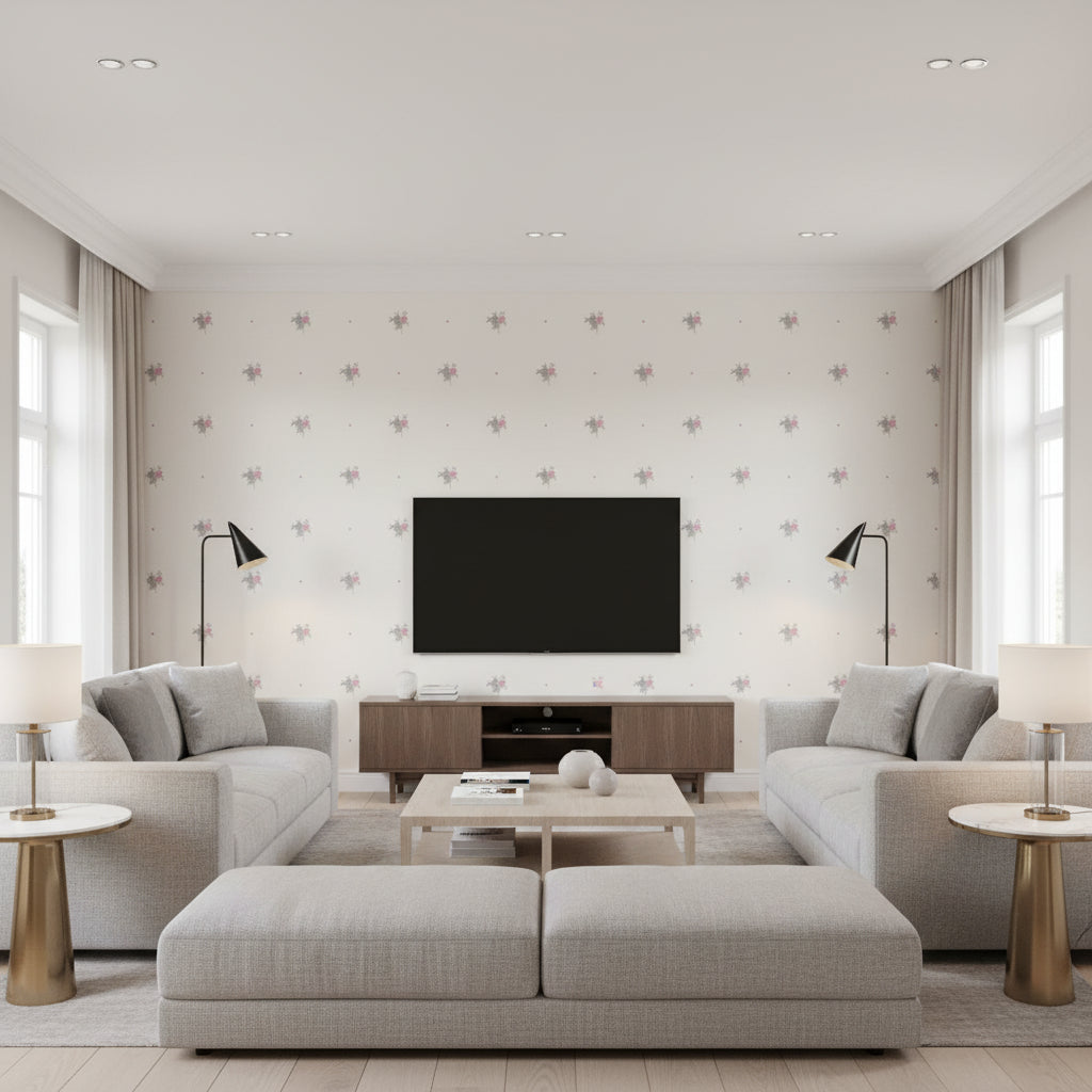 Little Posy Kids/Nursery Floral - Gray and Bubblegum | Architectural Wallcoverings - Living Room Visualization (AI-generated, may not be to scale. Verify pattern scale with product specifications.)