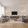 Little Posy Kids/Nursery Floral - Periwinkle and Lilac | Architectural Wallcoverings - Living Room Visualization (AI-generated, may not be to scale. Verify pattern scale with product specifications.)