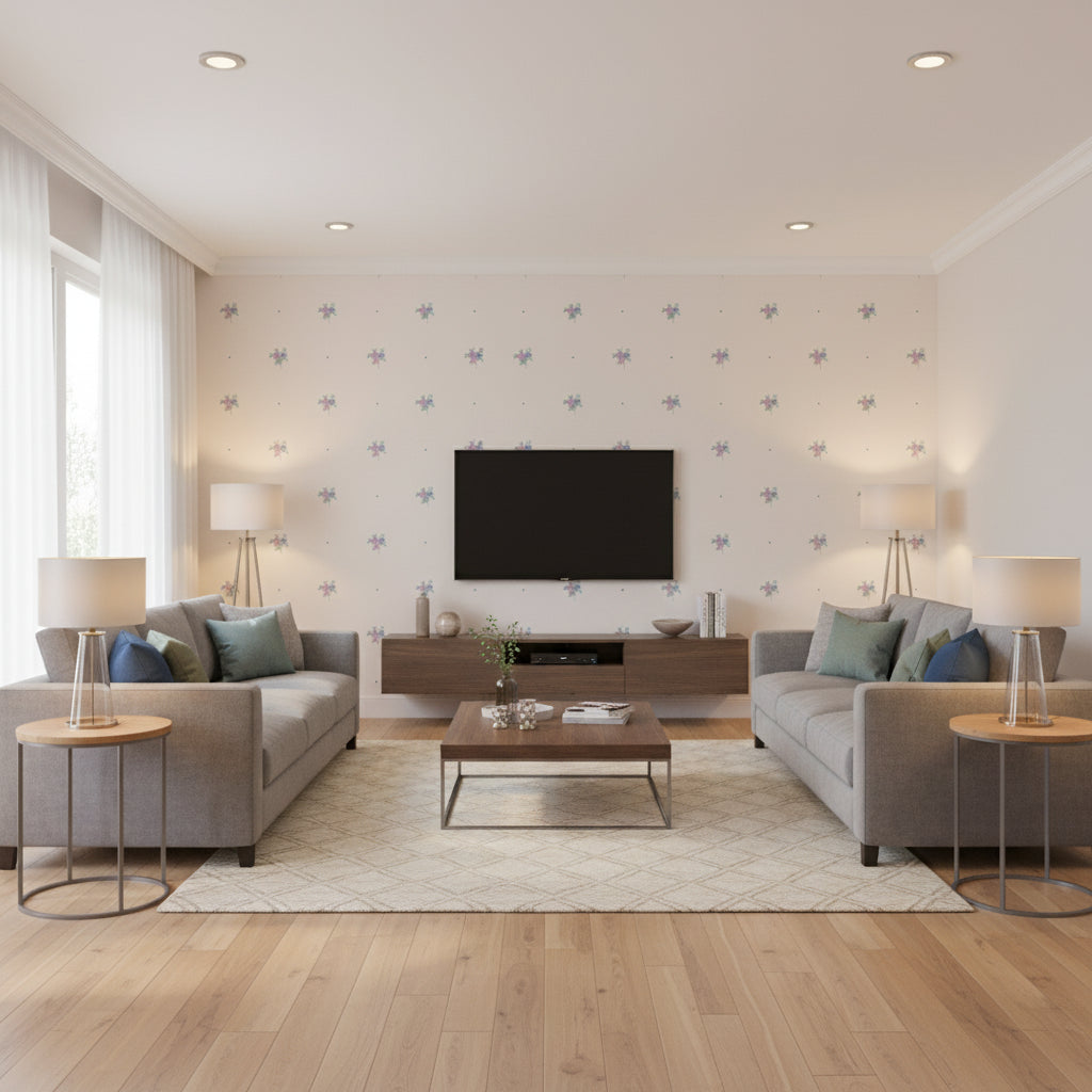 Little Posy Kids/Nursery Floral - Periwinkle and Lilac | Architectural Wallcoverings - Living Room Visualization (AI-generated, may not be to scale. Verify pattern scale with product specifications.)