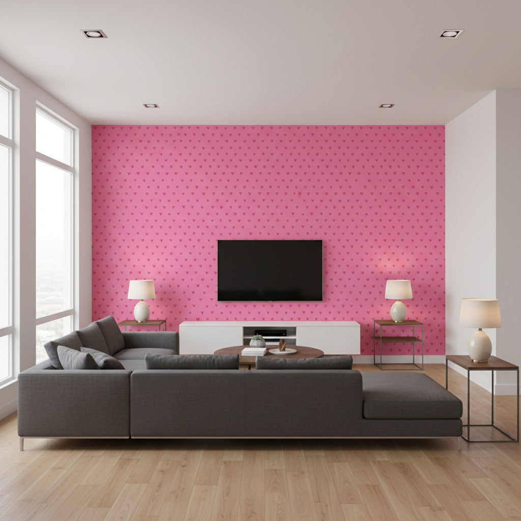 Sparkle Heart Kids/Nursery Polka Dots - Hot Pink Glitter | Architectural Wallcoverings - Living Room Visualization (AI-generated, may not be to scale. Verify pattern scale with product specifications.)