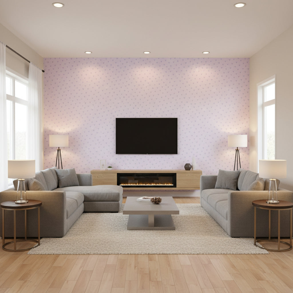 Sparkle Heart Kids/Nursery Polka Dots - Lilac Glitter | Architectural Wallcoverings - Living Room Visualization (AI-generated, may not be to scale. Verify pattern scale with product specifications.)