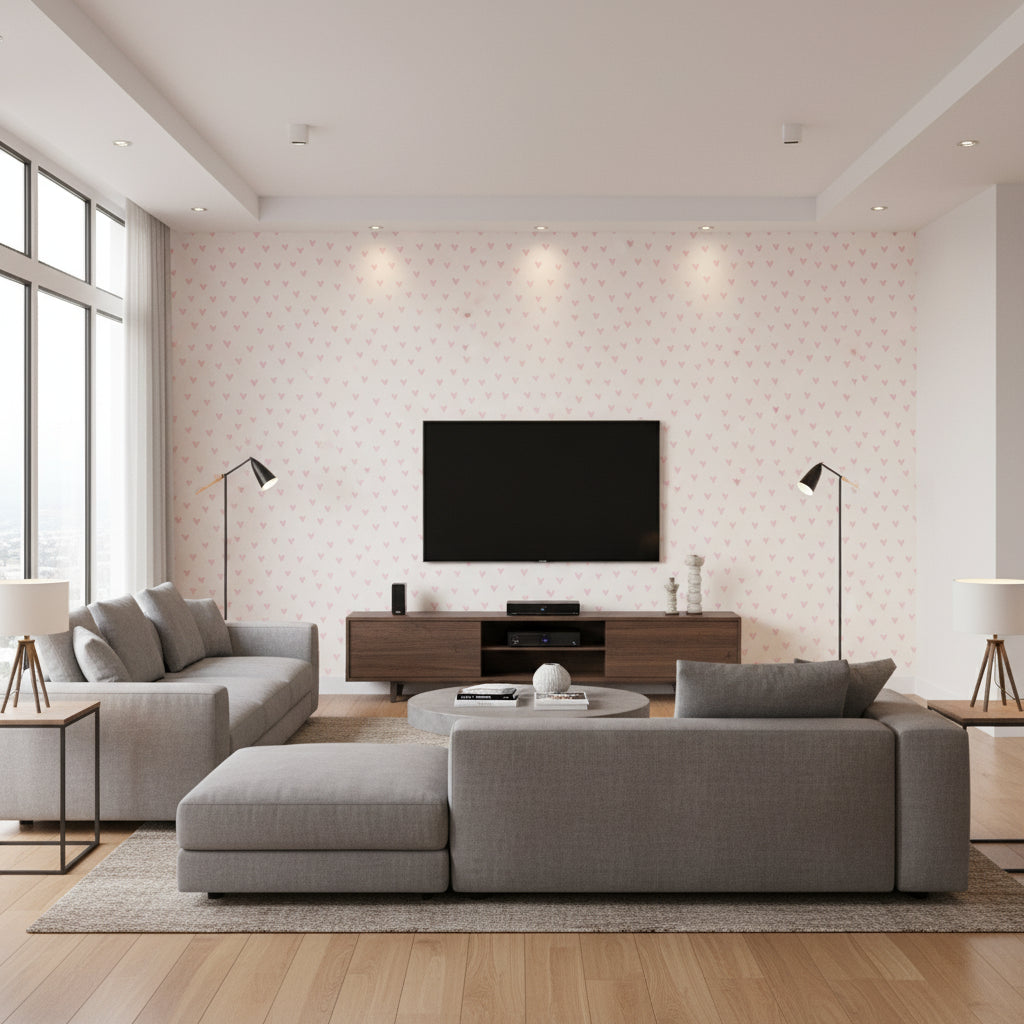 Sparkle Heart Kids/Nursery Polka Dots - White and Bubblegum Glitter | Architectural Wallcoverings - Living Room Visualization (AI-generated, may not be to scale. Verify pattern scale with product specifications.)