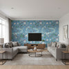 Campground Kids/Nursery Illustration - Bluebird | Architectural Wallcoverings - Living Room Visualization (AI-generated, may not be to scale. Verify pattern scale with product specifications.)