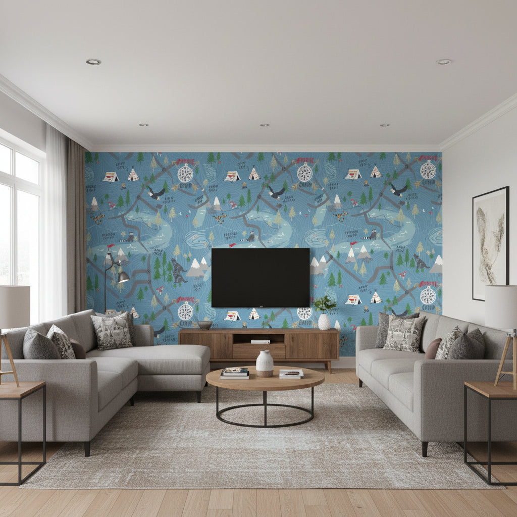 Campground Kids/Nursery Illustration - Bluebird | Architectural Wallcoverings - Living Room Visualization (AI-generated, may not be to scale. Verify pattern scale with product specifications.)