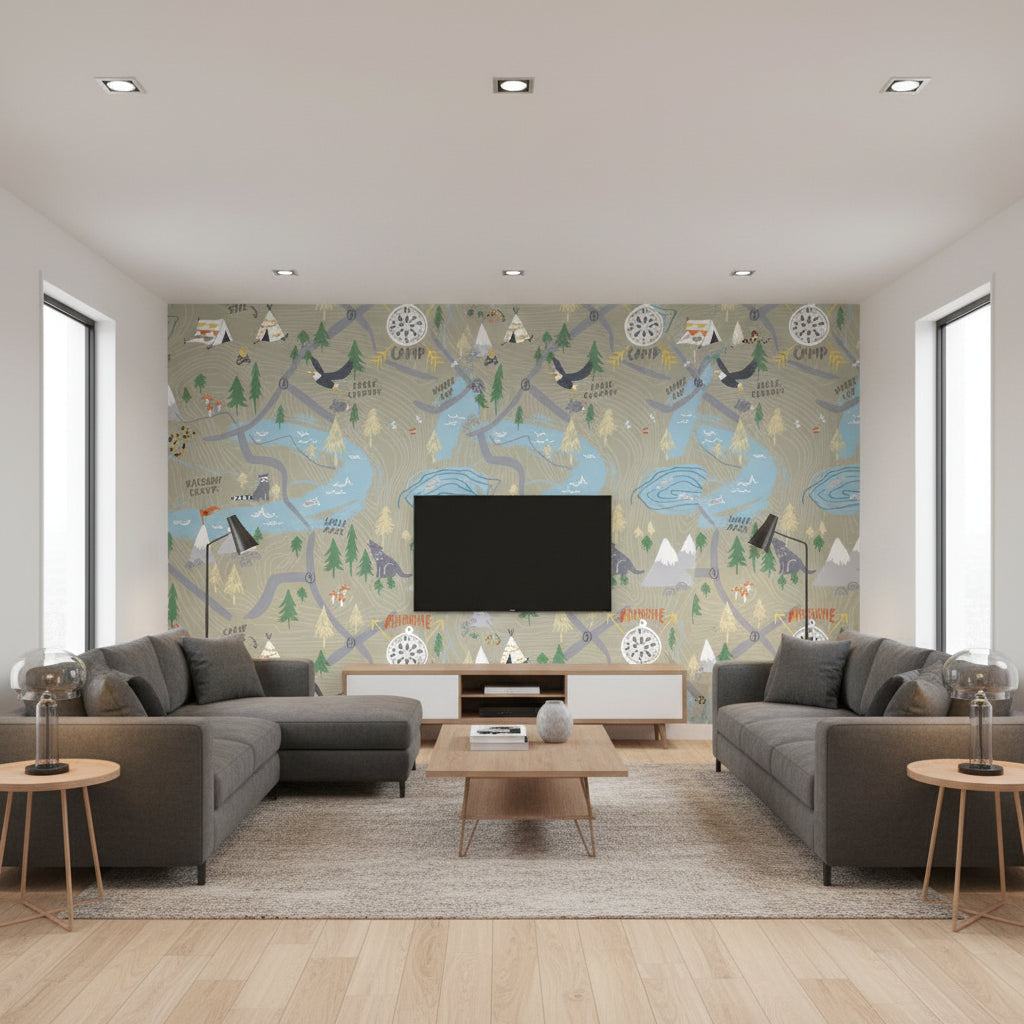 Campground Kids/Nursery Illustration - Taupe | Architectural Wallcoverings - Living Room Visualization (AI-generated, may not be to scale. Verify pattern scale with product specifications.)