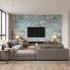 Campground Kids/Nursery Illustration - Steel Gray | Architectural Wallcoverings - Living Room Visualization (AI-generated, may not be to scale. Verify pattern scale with product specifications.)