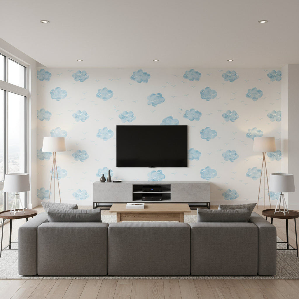 Daydream Kids/Nursery Illustration - White and Sky Blue | Architectural Wallcoverings - Living Room Visualization (AI-generated, may not be to scale. Verify pattern scale with product specifications.)