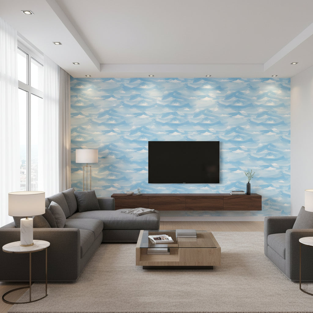 Drift Away Kids/Nursery Abstract - White and Sky Blue | Architectural Wallcoverings - Living Room Visualization (AI-generated, may not be to scale. Verify pattern scale with product specifications.)