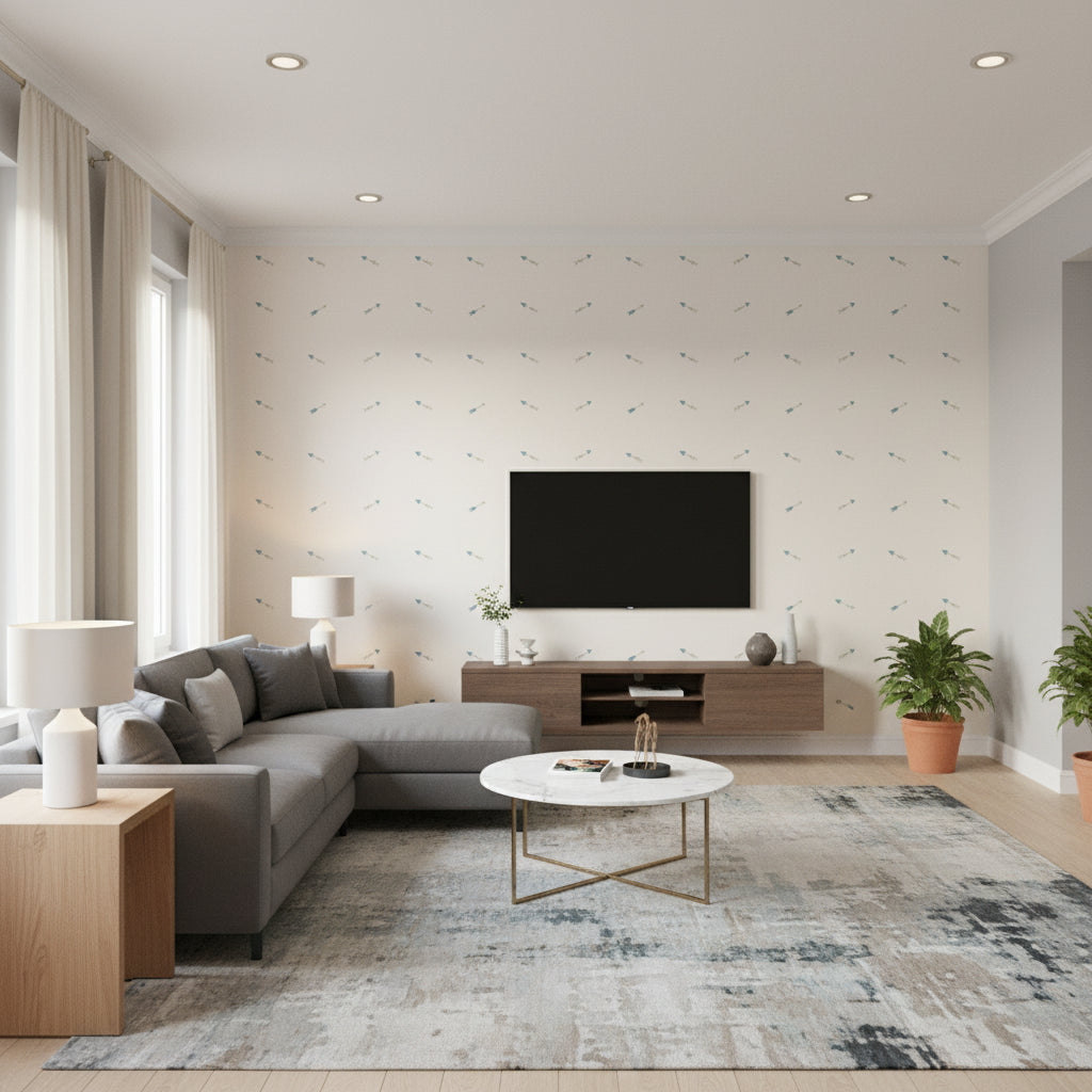 Hearts and Darts Kids/Nursery Illustration - Cerulean and Gray | Architectural Wallcoverings - Living Room Visualization (AI-generated, may not be to scale. Verify pattern scale with product specifications.)