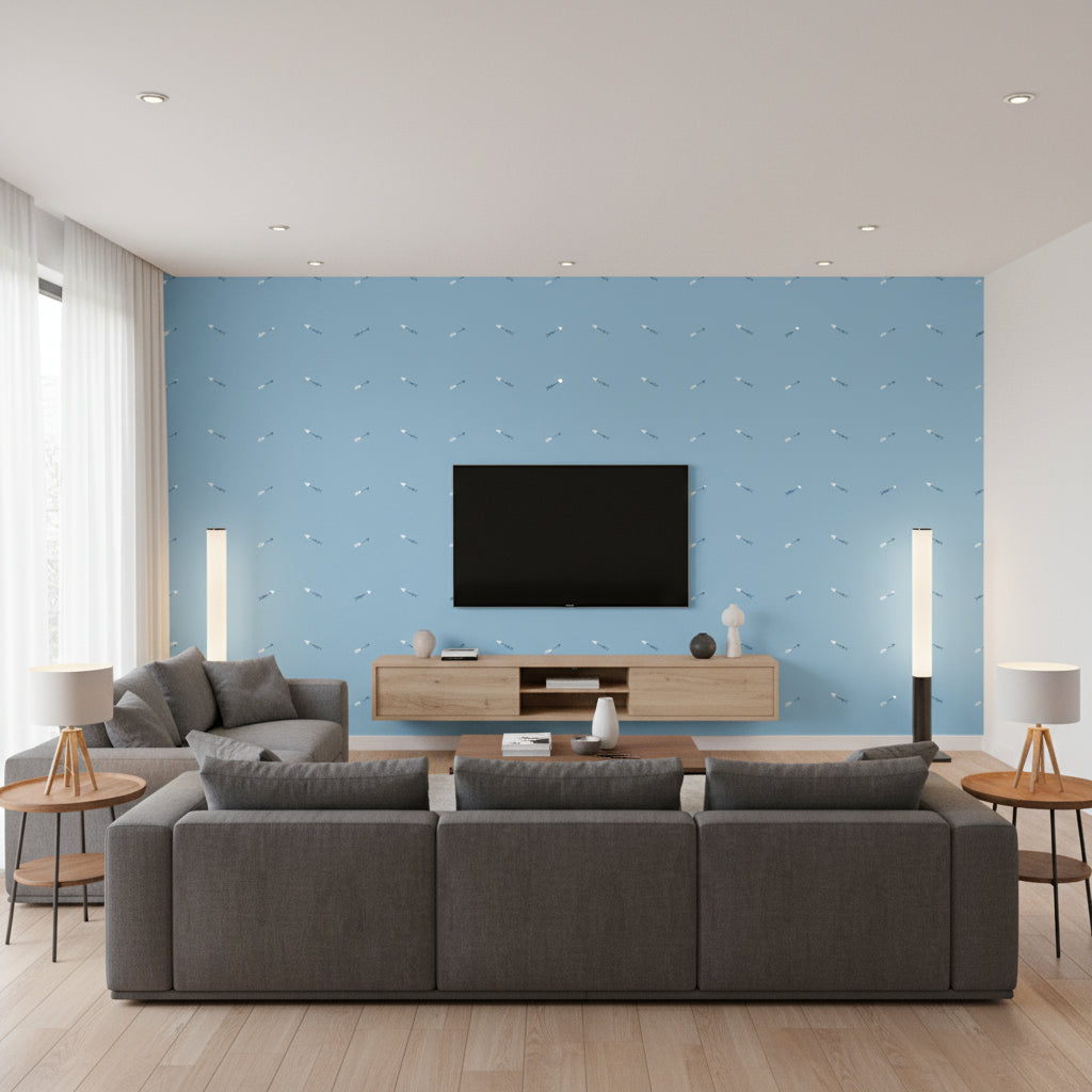 Hearts and Darts Kids/Nursery Illustration - Sky Blue and White | Architectural Wallcoverings - Living Room Visualization (AI-generated, may not be to scale. Verify pattern scale with product specifications.)