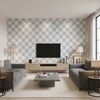 Diagonal Plaid Kids/Nursery Plaid - Cerulean and Crimson | Architectural Wallcoverings - Living Room Visualization (AI-generated, may not be to scale. Verify pattern scale with product specifications.)