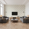Diagonal Plaid Kids/Nursery Plaid - Greige and Cerulean | Architectural Wallcoverings - Living Room Visualization (AI-generated, may not be to scale. Verify pattern scale with product specifications.)