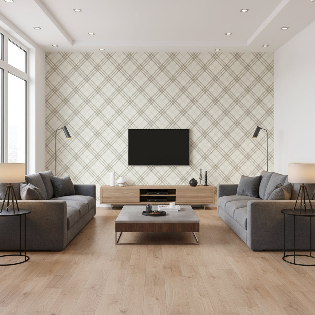 Diagonal Plaid Kids/Nursery Plaid - Greige and Cerulean | Architectural Wallcoverings - Living Room Visualization (AI-generated, may not be to scale. Verify pattern scale with product specifications.)