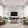 Diagonal Plaid Kids/Nursery Plaid - Gray and Ocean Blue | Architectural Wallcoverings - Living Room Visualization (AI-generated, may not be to scale. Verify pattern scale with product specifications.)