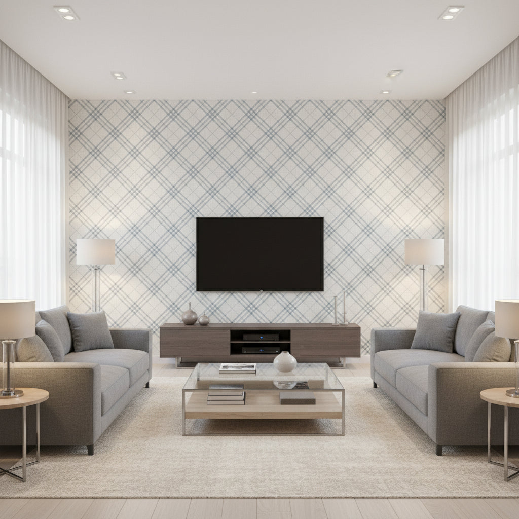 Diagonal Plaid Kids/Nursery Plaid - Gray and Ocean Blue | Architectural Wallcoverings - Living Room Visualization (AI-generated, may not be to scale. Verify pattern scale with product specifications.)
