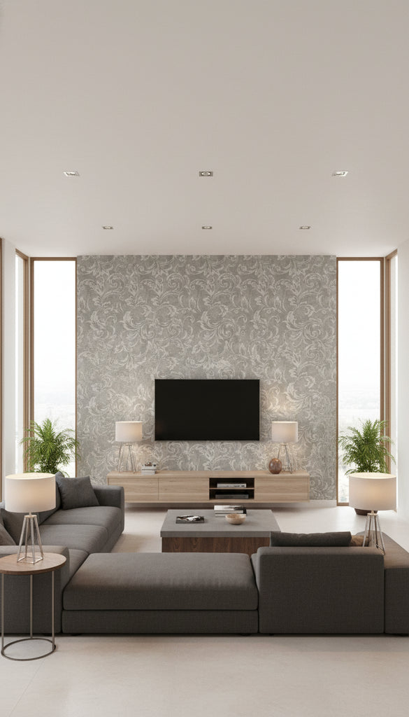 Scroll Transitional Scroll - Silver, Gray, and Ivory | Architectural Wallcoverings - Living Room Visualization (AI-generated, may not be to scale. Verify pattern scale with product specifications.)