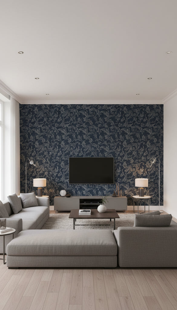 Scroll Transitional Scroll - Navy, Silver, and Gray | Architectural Wallcoverings - Living Room Visualization (AI-generated, may not be to scale. Verify pattern scale with product specifications.)