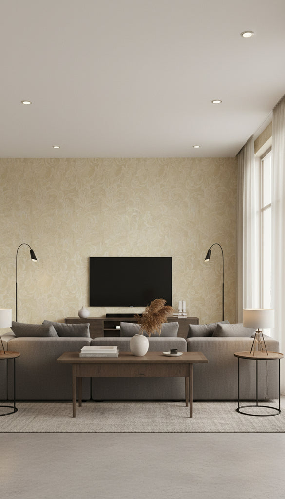 Scroll Transitional Scroll - Gold and Ivory | Architectural Wallcoverings - Living Room Visualization (AI-generated, may not be to scale. Verify pattern scale with product specifications.)