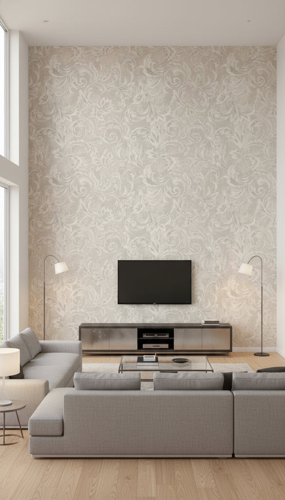 Scroll Transitional Scroll - Champagne, Silver, and Ivory | Architectural Wallcoverings - Living Room Visualization (AI-generated, may not be to scale. Verify pattern scale with product specifications.)