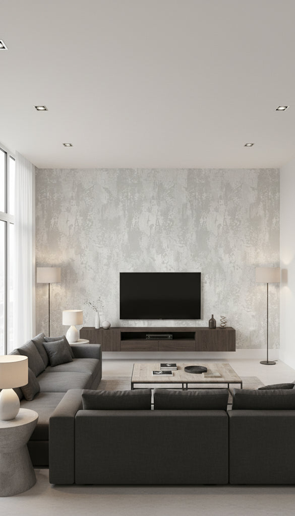 Faux Transitional Faux - Silver and Gray | Architectural Wallcoverings - Living Room Visualization (AI-generated, may not be to scale. Verify pattern scale with product specifications.)