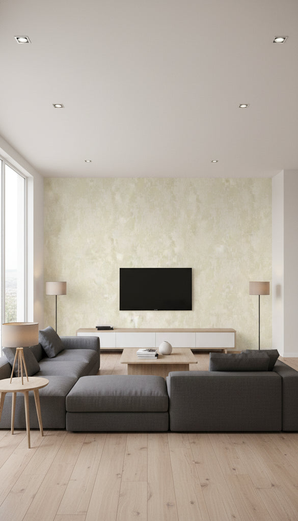 Faux Transitional Faux - Gold and Ivory | Architectural Wallcoverings - Living Room Visualization (AI-generated, may not be to scale. Verify pattern scale with product specifications.)