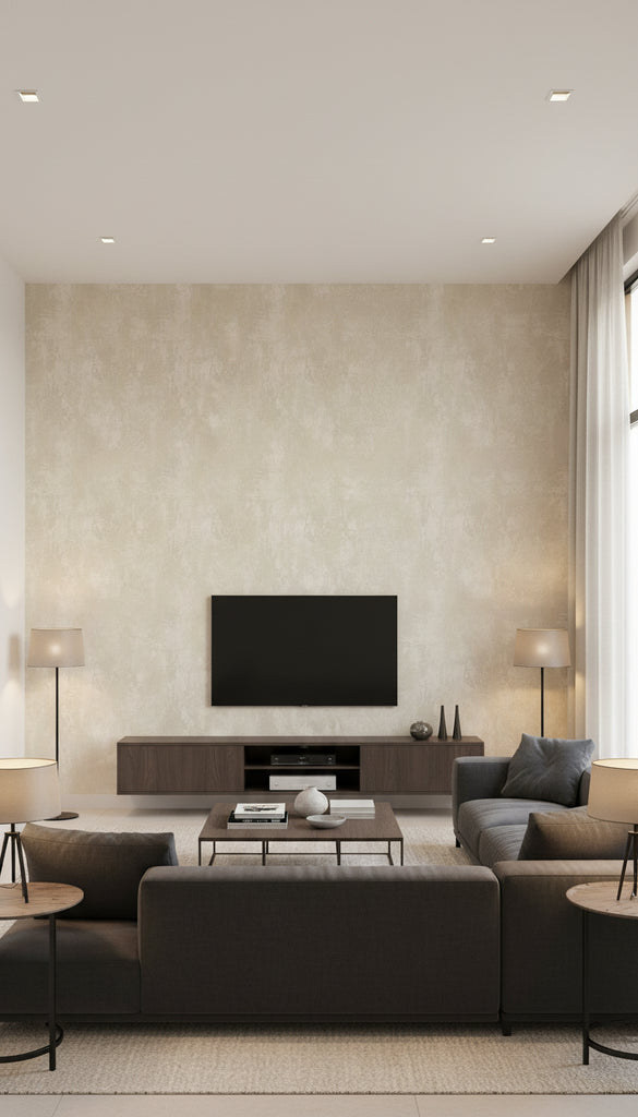 Faux Transitional Faux - Champagne and Cream | Architectural Wallcoverings - Living Room Visualization (AI-generated, may not be to scale. Verify pattern scale with product specifications.)