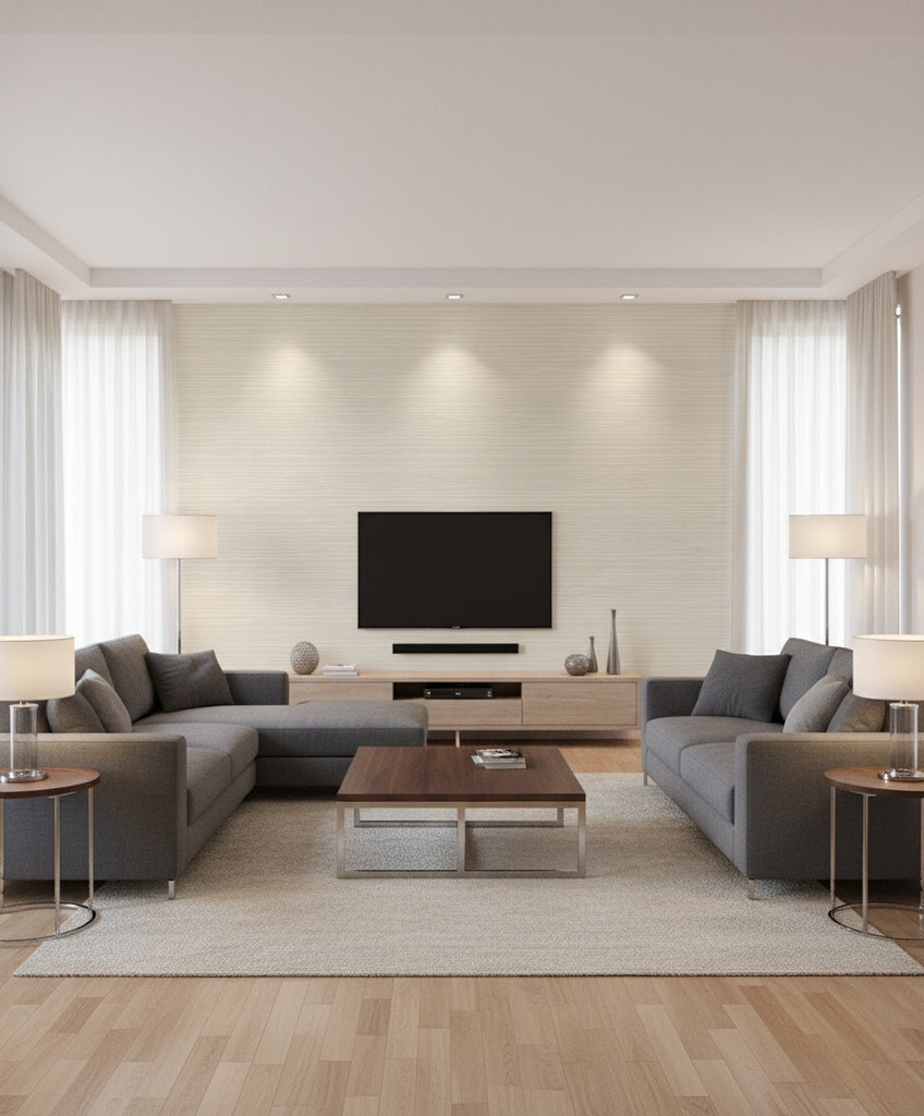 Horizontal Texture Transitional Faux - Cream and Ivory | Architectural Wallcoverings - Living Room Visualization (AI-generated, may not be to scale. Verify pattern scale with product specifications.)