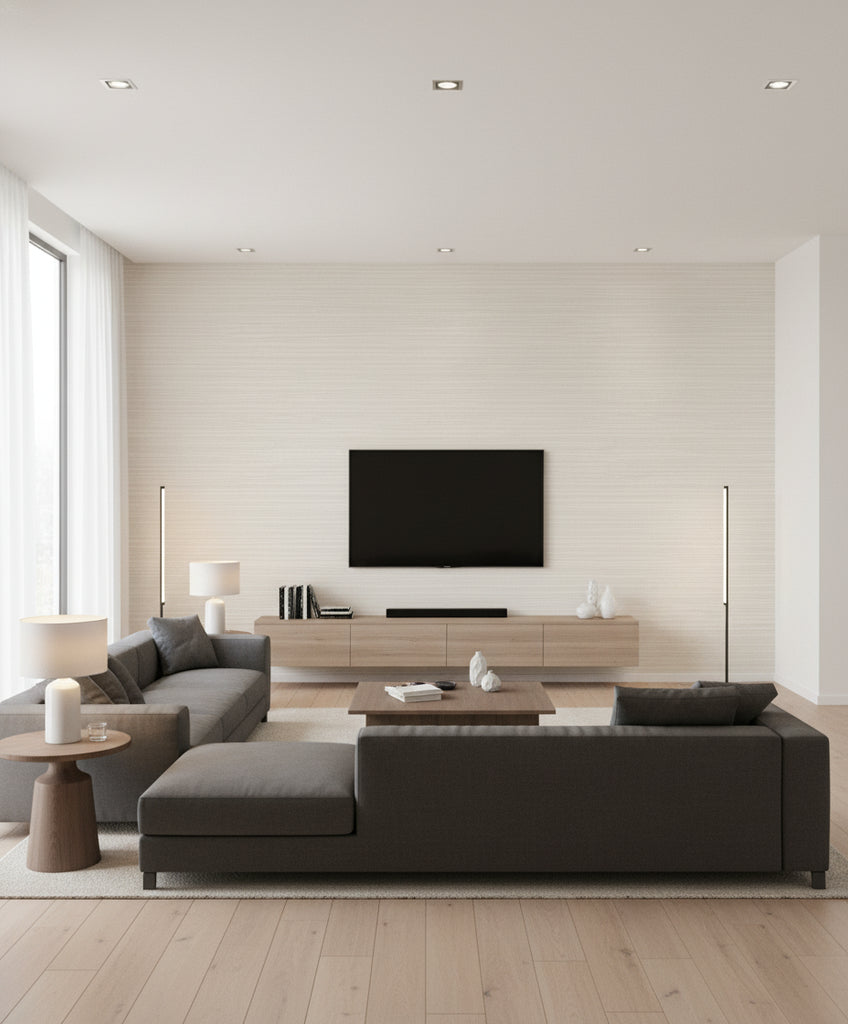 Horizontal Texture Transitional Faux - Silver and Ivory | Architectural Wallcoverings - Living Room Visualization (AI-generated, may not be to scale. Verify pattern scale with product specifications.)