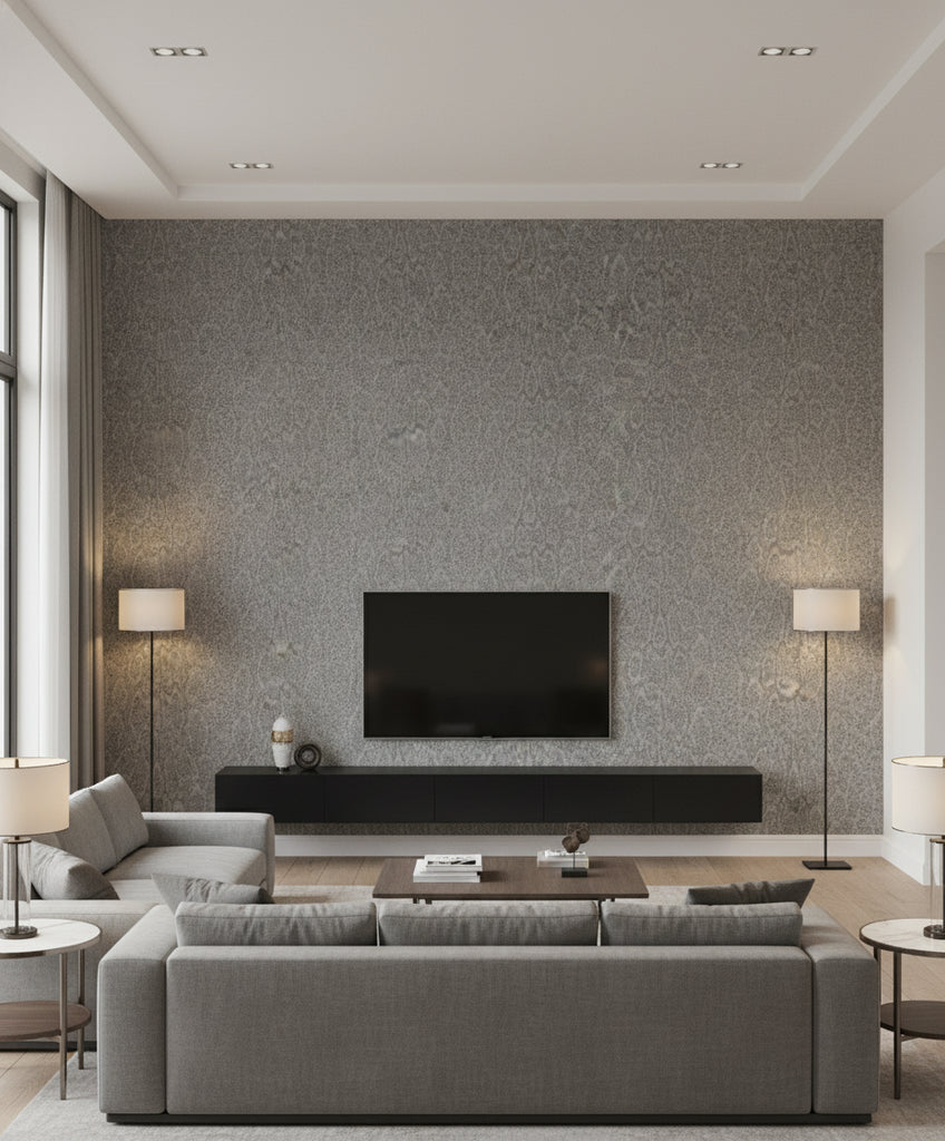 Skin Transitional Animal Print - Silver and Charcoal | Architectural Wallcoverings - Living Room Visualization (AI-generated, may not be to scale. Verify pattern scale with product specifications.)