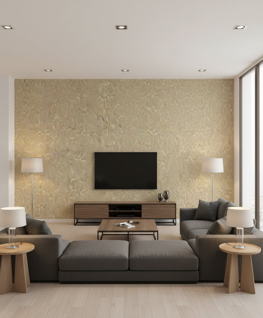 Skin Transitional Animal Print - Gold and Beige | Architectural Wallcoverings - Living Room Visualization (AI-generated, may not be to scale. Verify pattern scale with product specifications.)