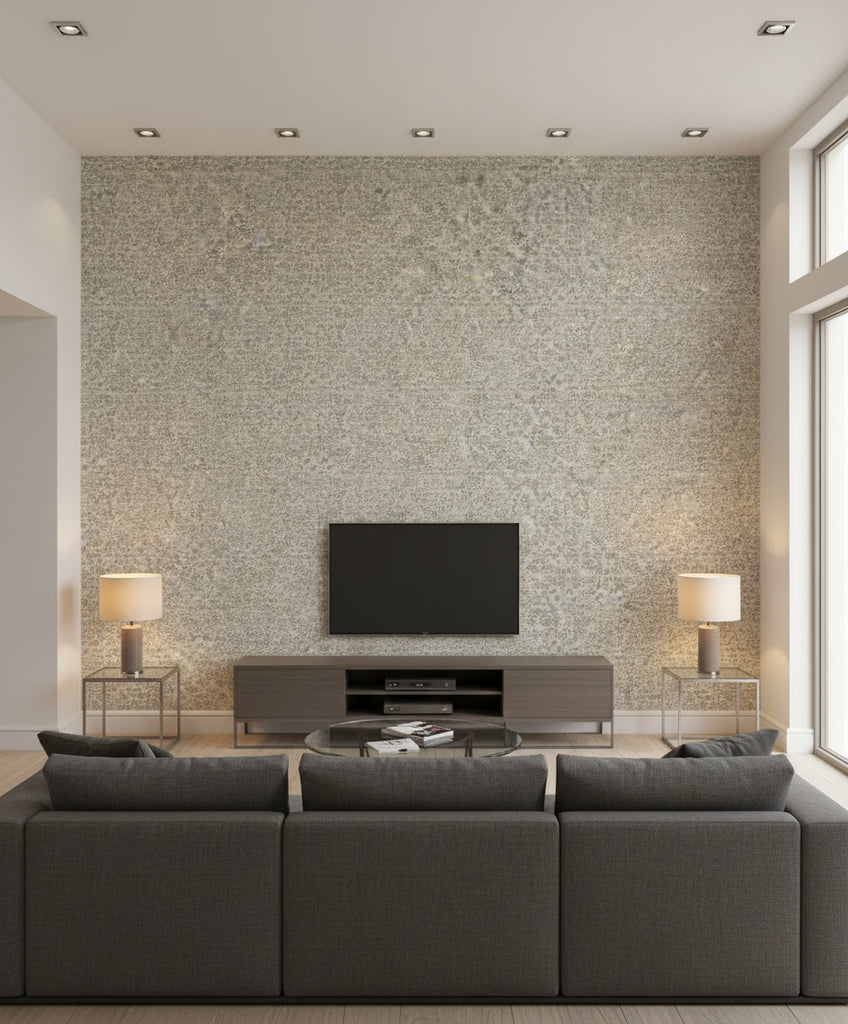 Skin Transitional Animal Print - Silver and Gray | Architectural Wallcoverings - Living Room Visualization (AI-generated, may not be to scale. Verify pattern scale with product specifications.)