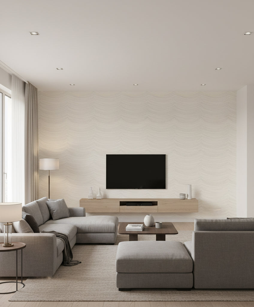 Beads Transitional Geometric - Pearl, Silver, and Glitter | Architectural Wallcoverings - Living Room Visualization (AI-generated, may not be to scale. Verify pattern scale with product specifications.)