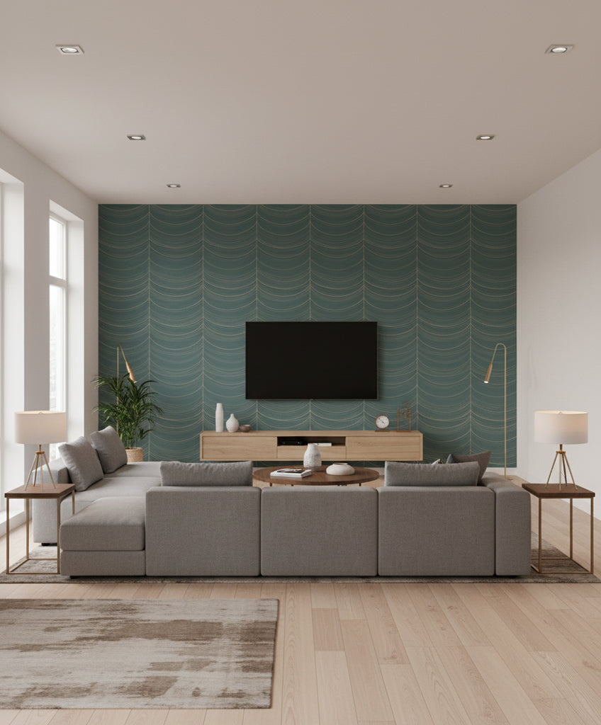 Beads Transitional Geometric - Ocean Blue, Silver, and Glitter | Architectural Wallcoverings - Living Room Visualization (AI-generated, may not be to scale. Verify pattern scale with product specifications.)