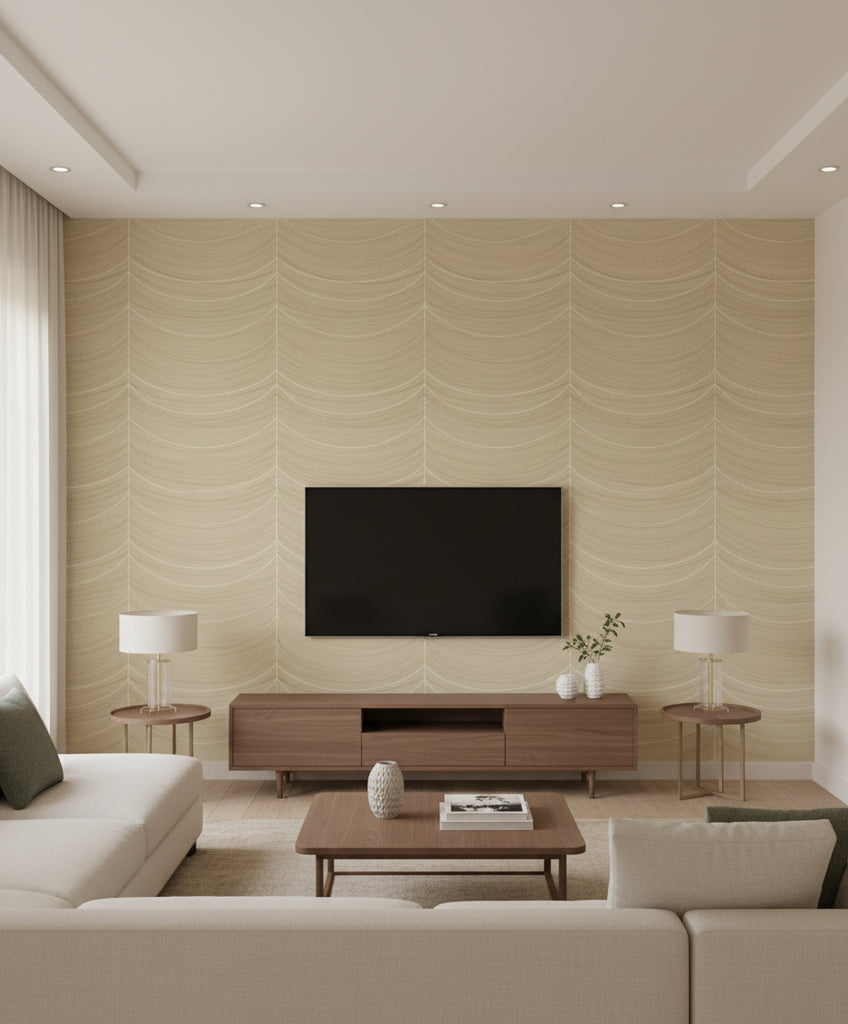 Beads Transitional Geometric - Beige, Bronze, and Glitter | Architectural Wallcoverings - Living Room Visualization (AI-generated, may not be to scale. Verify pattern scale with product specifications.)