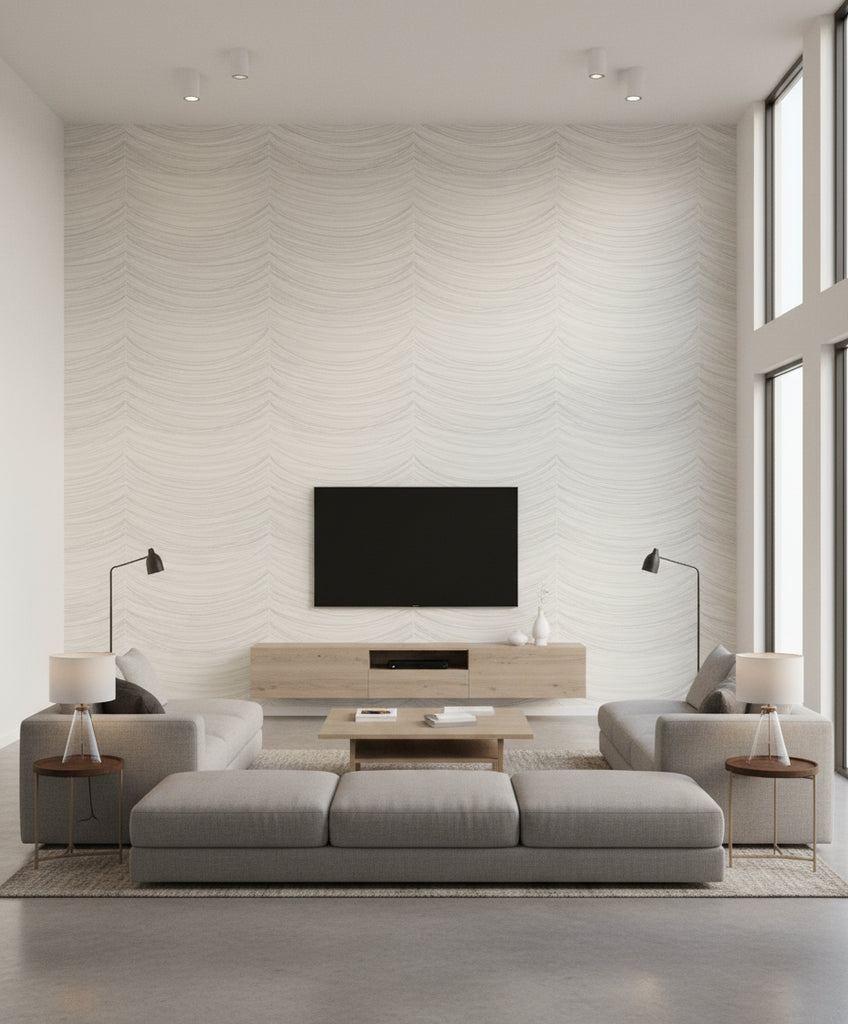 Beads Transitional Geometric - Cream, Silver, and Glitter | Architectural Wallcoverings - Living Room Visualization (AI-generated, may not be to scale. Verify pattern scale with product specifications.)