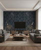 Scroll Trail Transitional Geometric - Navy and Silver | Architectural Wallcoverings - Living Room Visualization (AI-generated, may not be to scale. Verify pattern scale with product specifications.)