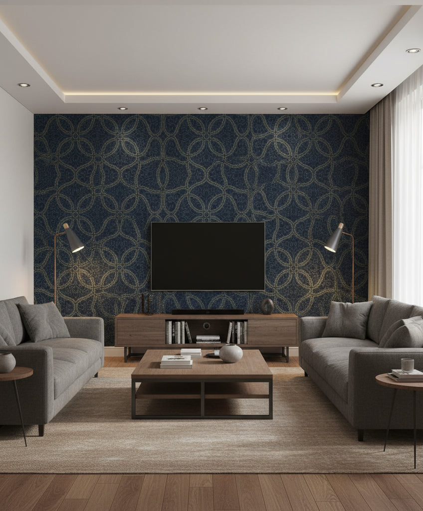 Scroll Trail Transitional Geometric - Navy and Silver | Architectural Wallcoverings - Living Room Visualization (AI-generated, may not be to scale. Verify pattern scale with product specifications.)