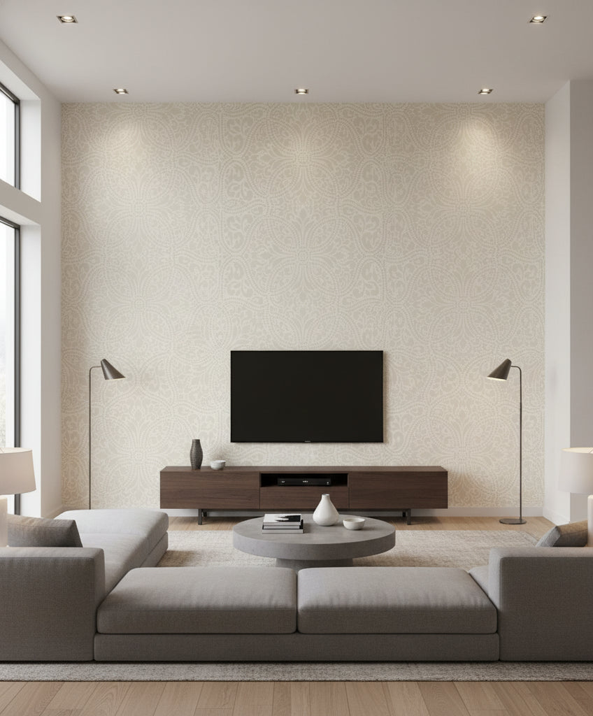 Scroll Trail Transitional Geometric - Alabaster and Tan | Architectural Wallcoverings - Living Room Visualization (AI-generated, may not be to scale. Verify pattern scale with product specifications.)