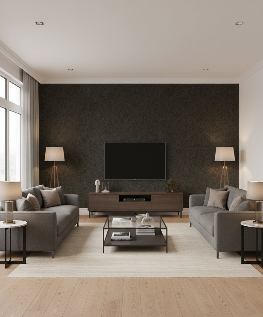 Scroll Trail Transitional Geometric - Mocha and Ebony | Architectural Wallcoverings - Living Room Visualization (AI-generated, may not be to scale. Verify pattern scale with product specifications.)