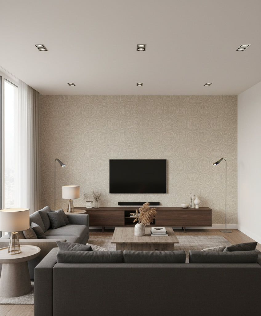 Scroll Trail Transitional Geometric - Taupe and Ivory | Architectural Wallcoverings - Living Room Visualization (AI-generated, may not be to scale. Verify pattern scale with product specifications.)