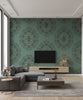 Lace Medallion Transitional Geometric - Sea Green, Beige, and Ebony | Architectural Wallcoverings - Living Room Visualization (AI-generated, may not be to scale. Verify pattern scale with product specifications.)