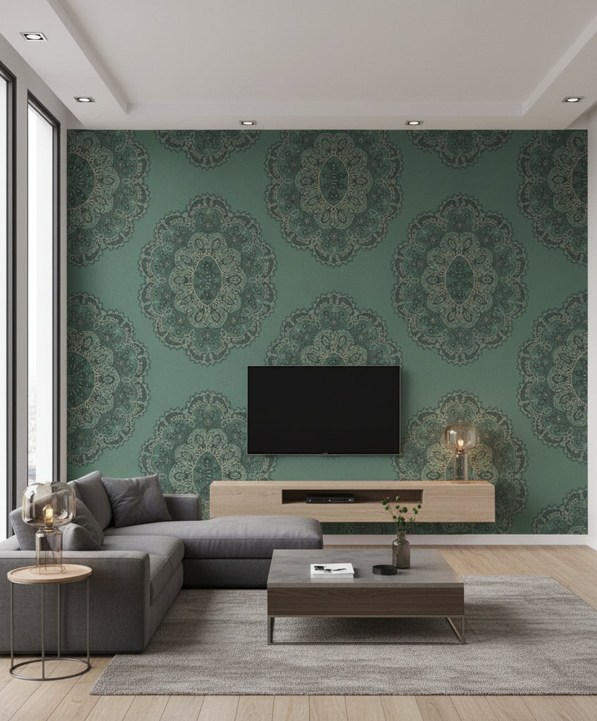 Lace Medallion Transitional Geometric - Sea Green, Beige, and Ebony | Architectural Wallcoverings - Living Room Visualization (AI-generated, may not be to scale. Verify pattern scale with product specifications.)