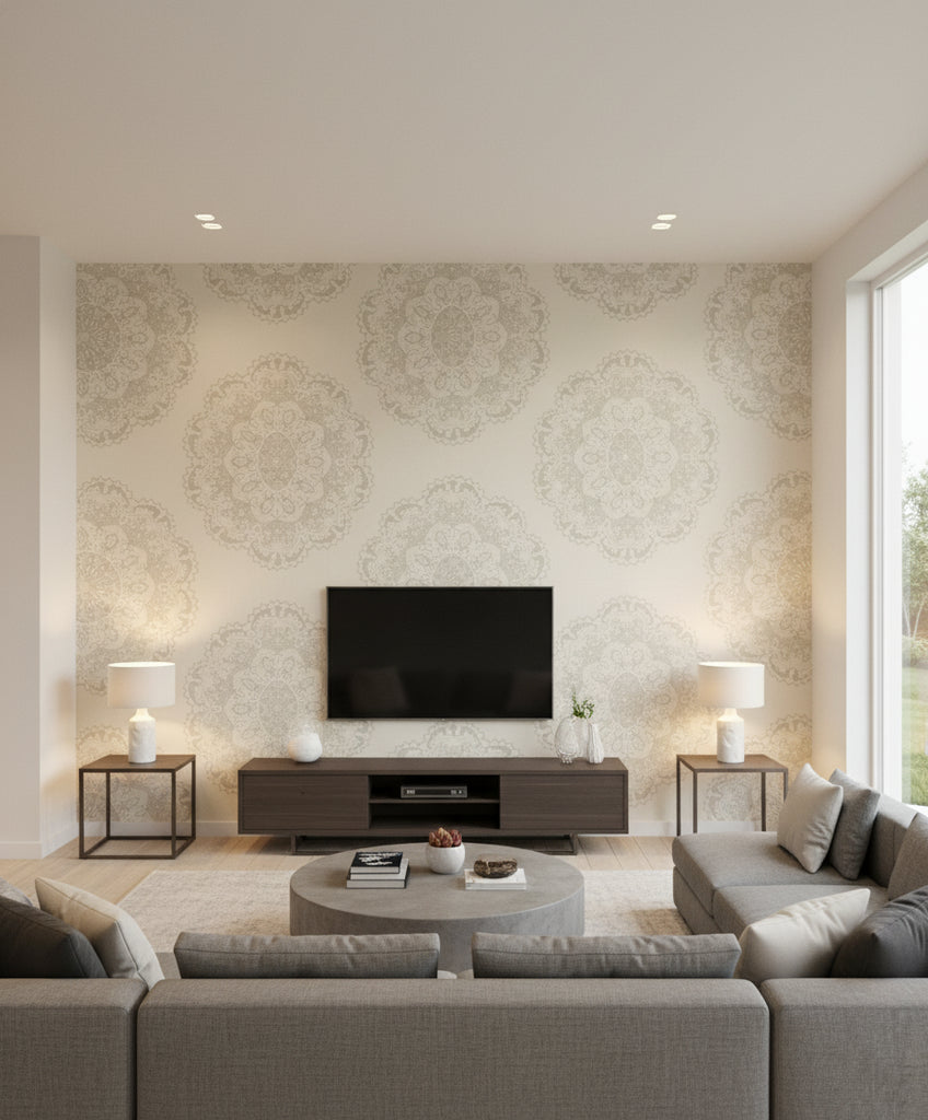 Lace Medallion Transitional Geometric - Cream, Silver, and White | Architectural Wallcoverings - Living Room Visualization (AI-generated, may not be to scale. Verify pattern scale with product specifications.)