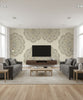 Lace Medallion Transitional Geometric - Gold and Charcoal | Architectural Wallcoverings - Living Room Visualization (AI-generated, may not be to scale. Verify pattern scale with product specifications.)